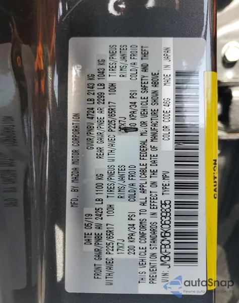 2019 Mazda Cx-5 Touring z USA, uszkodzony, nr VIN JM3KFBCM6K0639835